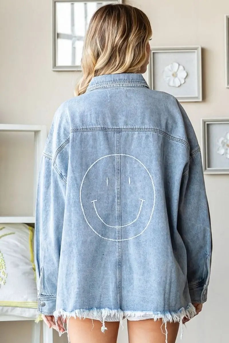 First Love Smile Face Button Down Raw Hem Denim Jacket - Love Salve